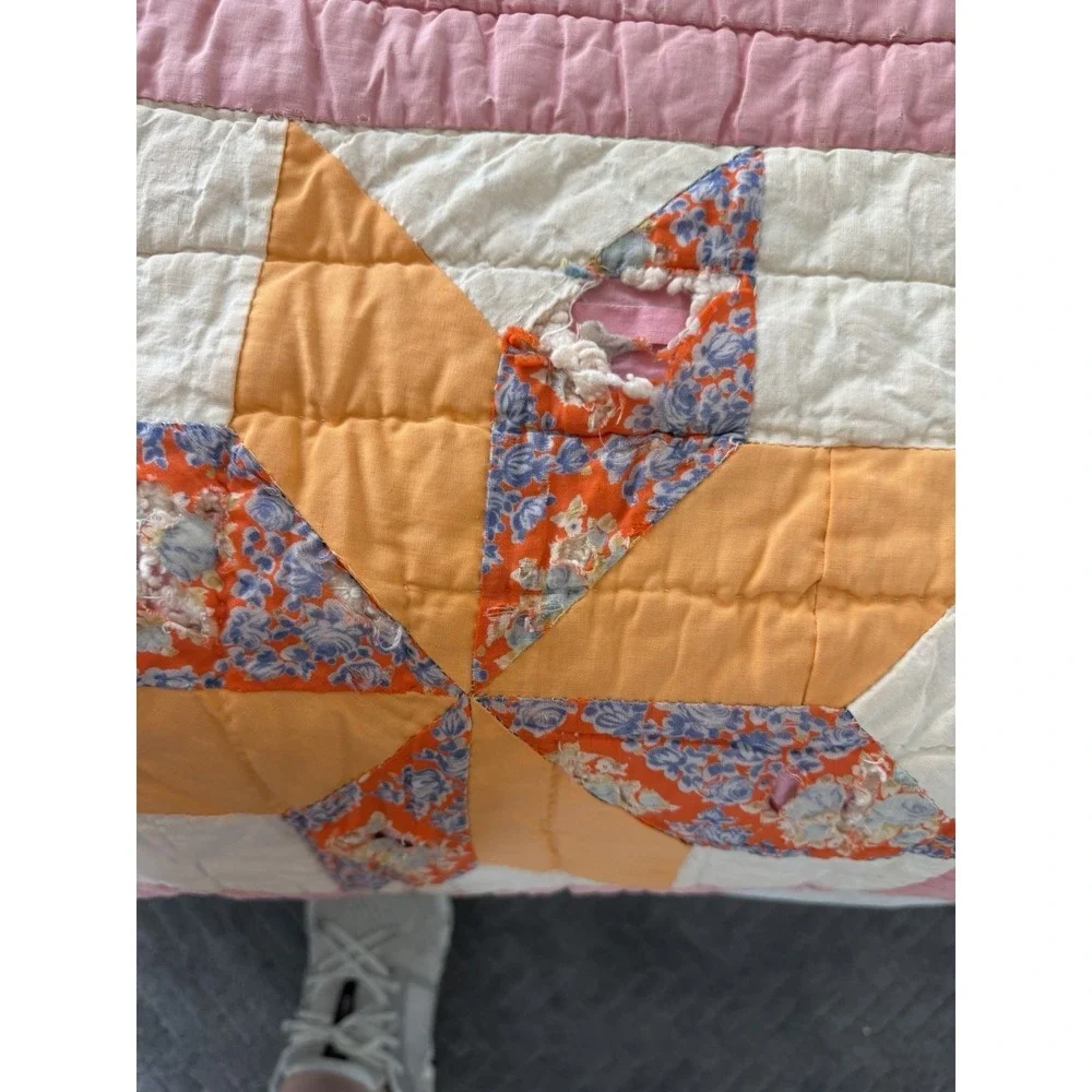 Vintage Hand Quilted Pinwheel Star Quilt 78x90 Handmade Feedsack c.1940s